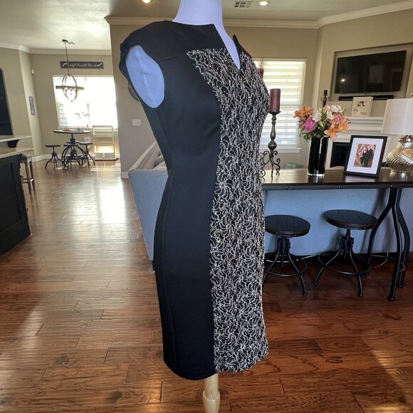 VTG Connected Apparel Women's Dress Size 6 Black Gold Midi Sheath Stretch - Picture 7 of 16